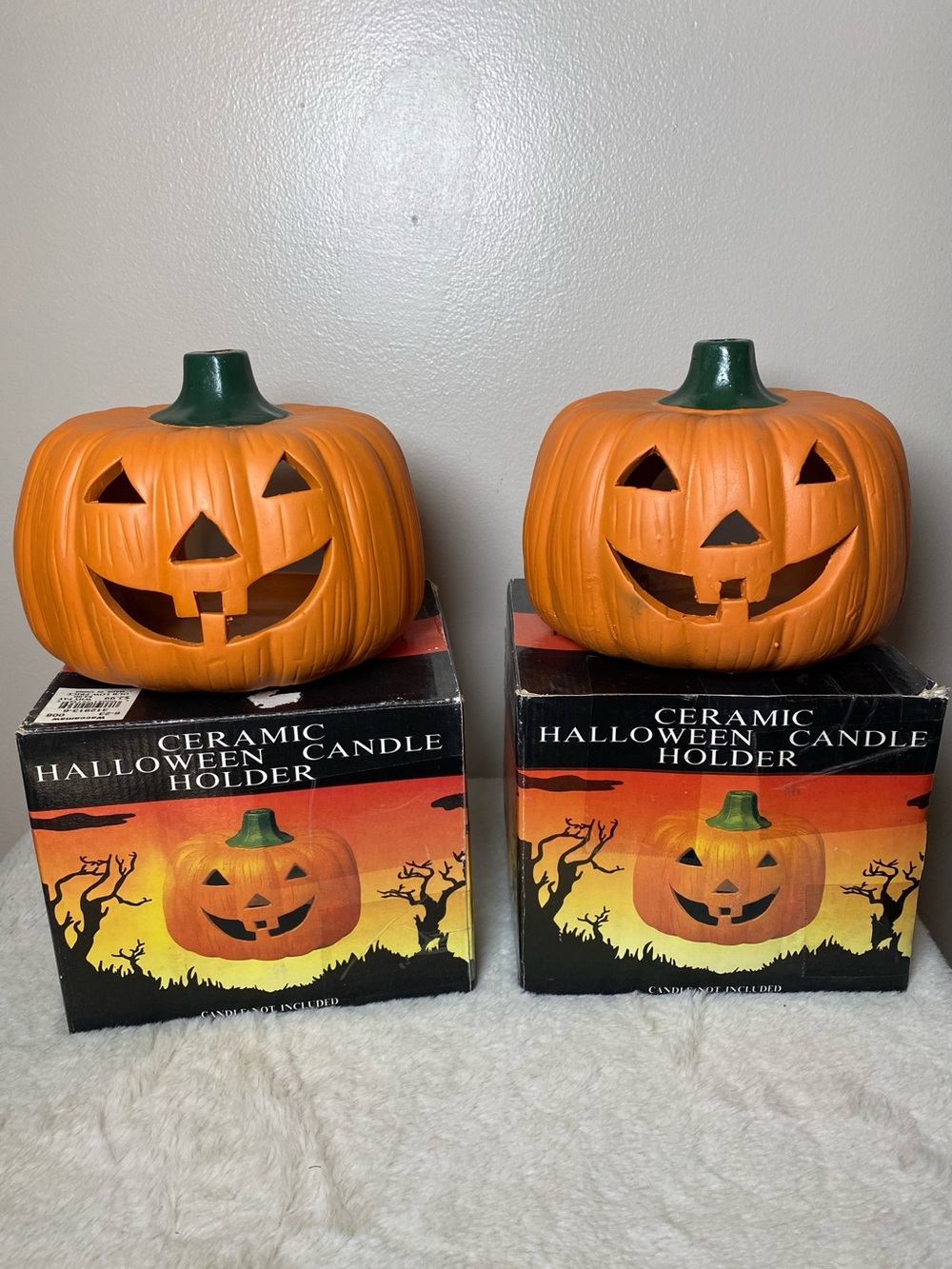 Vintage Waccamaw Ceramic Halloween Pumpkin Candle Holders Set of 2 - Orange